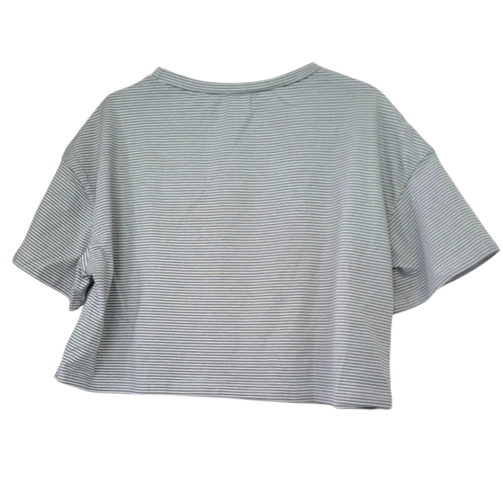 Women's Cropped T-Shirt Top Size Large Green And White Stripes Cotton Linen Tee